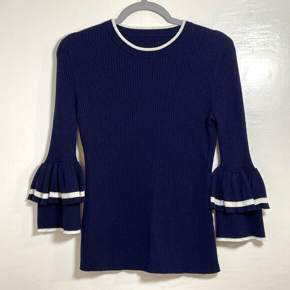 FRAME Double Ruffle-Cuff Rib-Knit Wool Sweater Navy Blue Supersoft Size Small - Picture 3 of 10